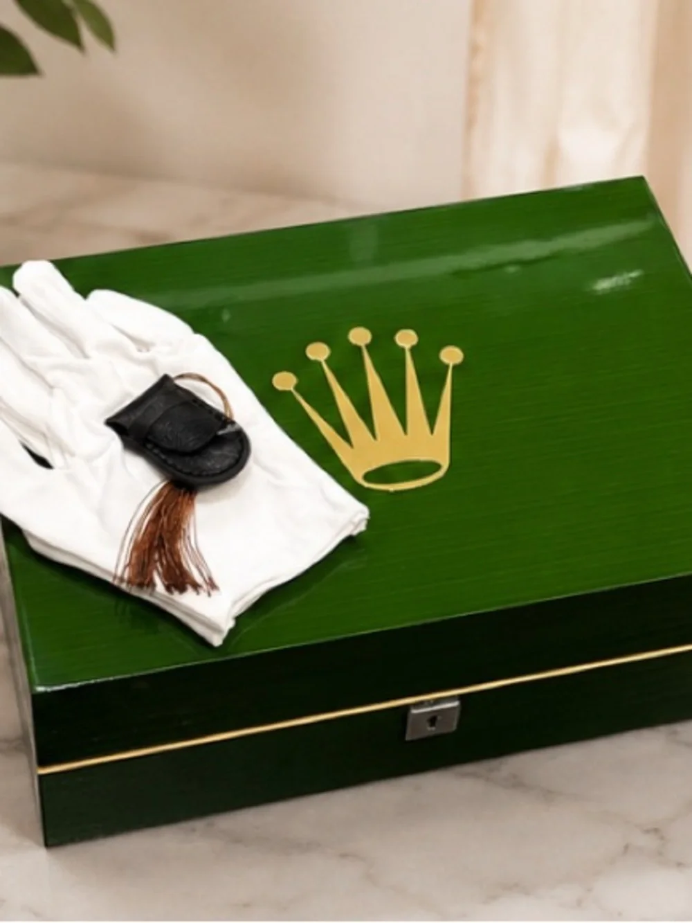 Rolex Green Box with Gold Crown and White Gloves